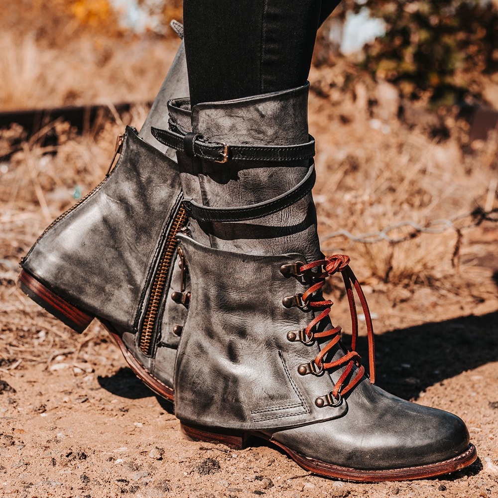 Freebird by Steven Distressed Black Leather Combat Boots with Brown Accents - Picture 2 of 14